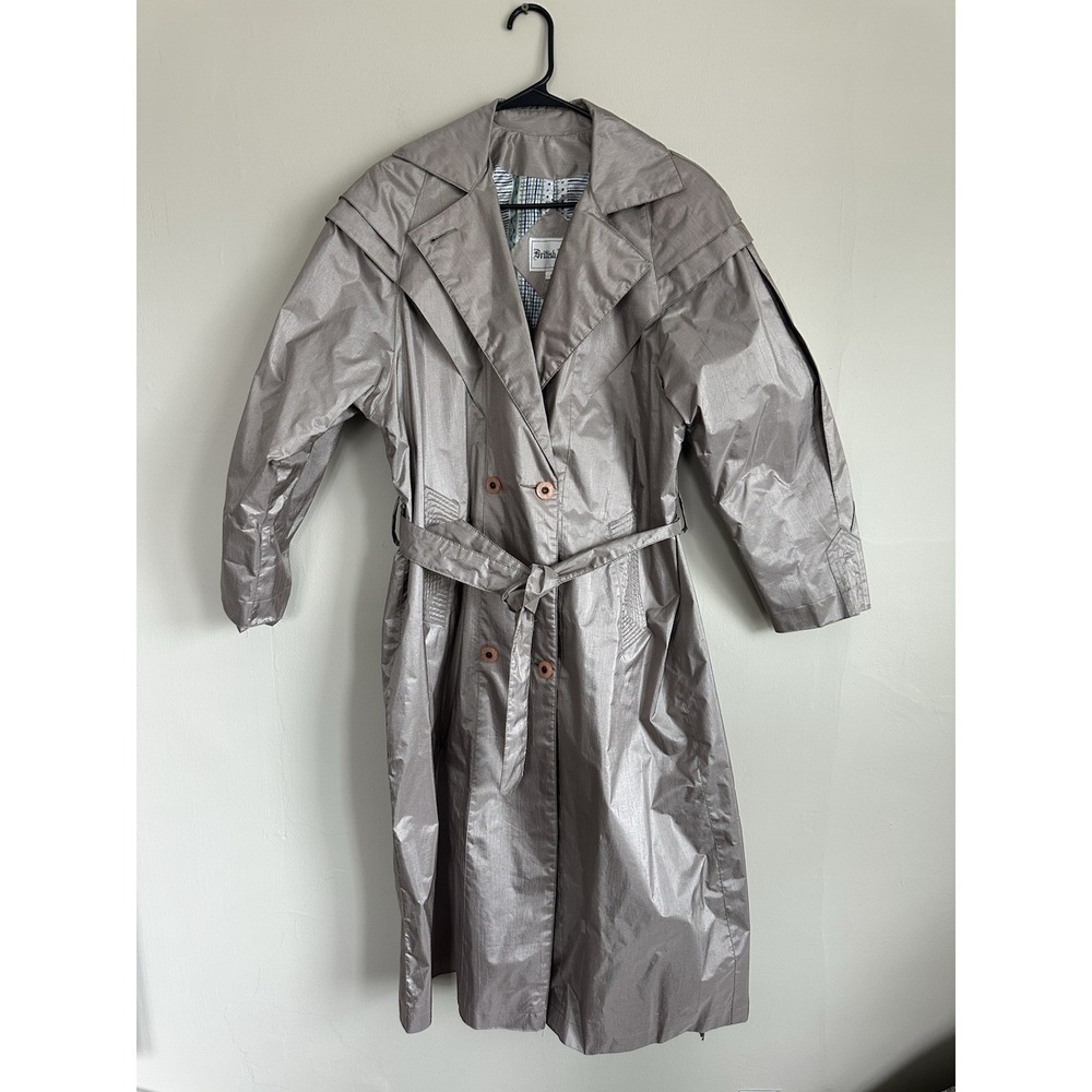 VTG 80s British Mist Metallic Beige Trench Rain Coat Women Size 8 Grunge Outdoor